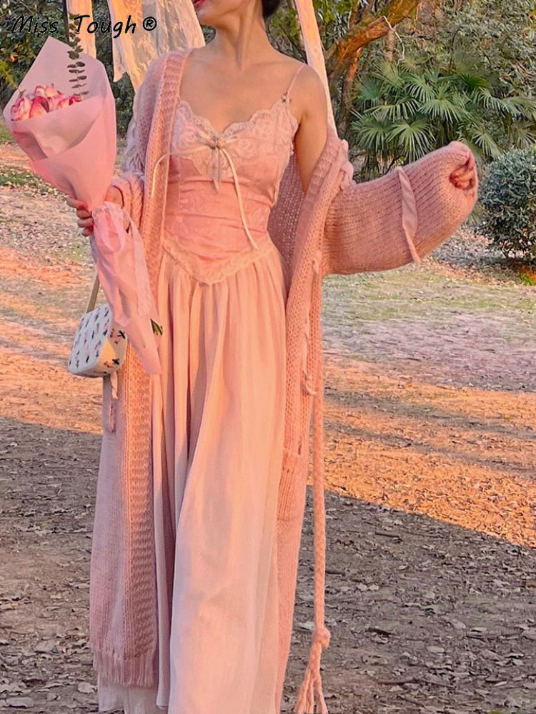 Floral Vintage Elegant Strap Dress Women Lace France Sexy Evening Party Long Dresses Pink Sweet Princess Fairy Dress Summer