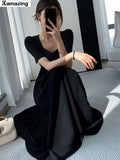 Summer New Elegant Midi Black Dress For Women Solid A Line Femme Fashion Office Lady Clothing Vestidos