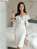 Fashion Summer Women Elegant Midi White Dress Bodycon Office Ladies Solid Clothing Femme Vestidos