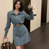 Spring Long Sleeves Women Jean Dress Blue Baggy Vintage Casual Short Skirt Waist-in-chic Design Streetwear Female Denim Dress