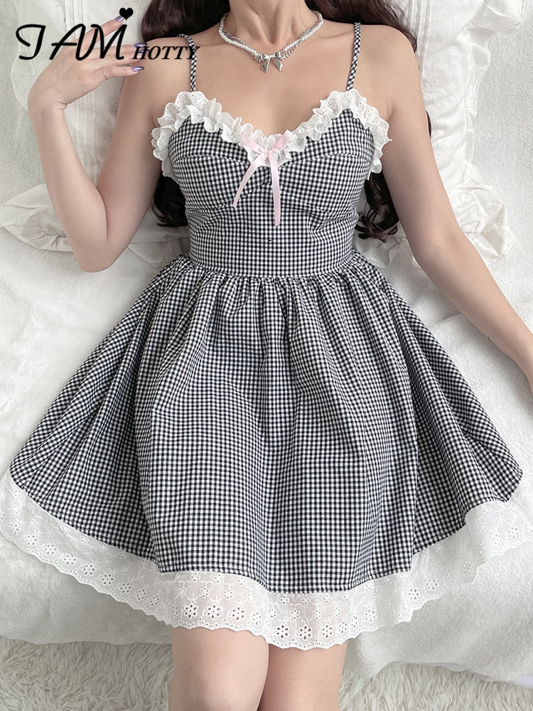IAMHOTTY Lace Patchwork Checkerboard Plaid Dress Lolita Style Japanese Sleeveless Mini Dresses Kawaii Aesthetic Robe Y2K Outfit