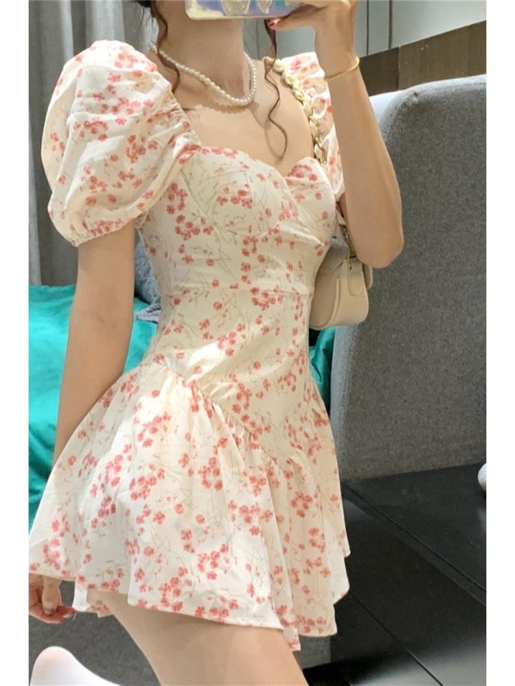 Pink Floral Dress Women Sexy Mini Dresses Square Collar Puff Sleeve  Summer Sweet Kawaii Sundress Korean Fashion