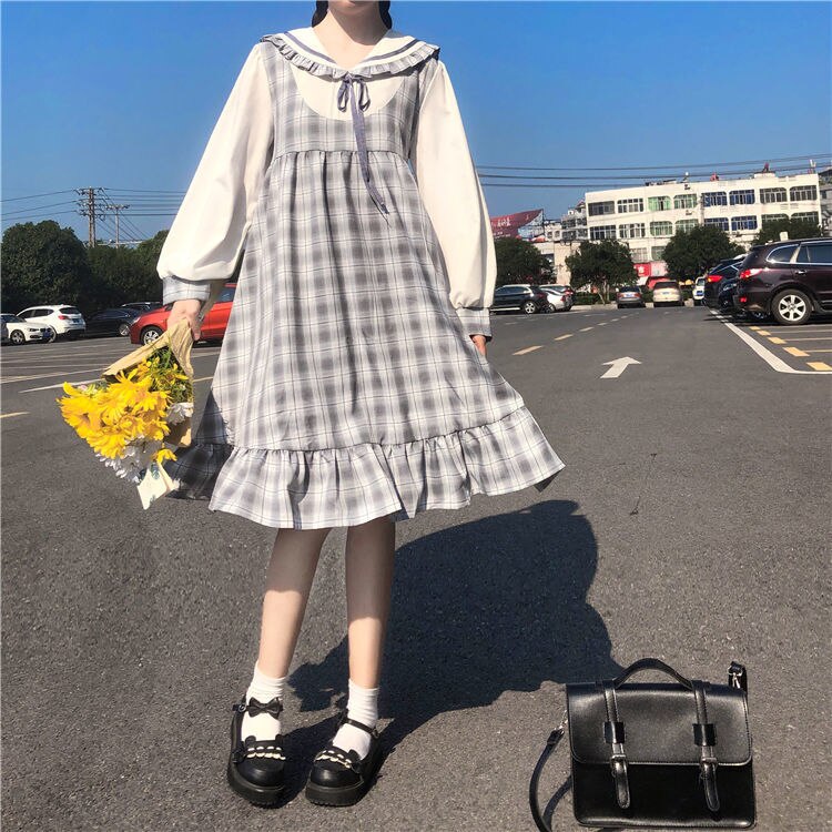 Drespot Japanese Sweet Kawaii Lolita Dress Women Preppy Style Ruffles Plaid Cute Dresses School Student  Spring Robes Female