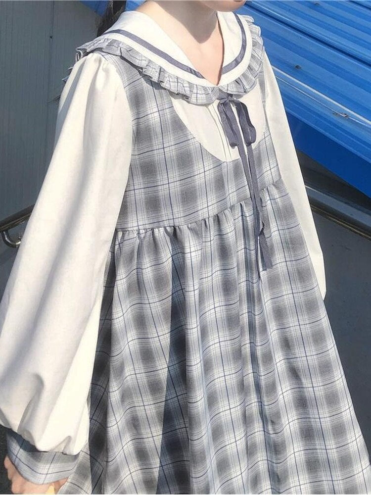 Drespot Japanese Sweet Kawaii Lolita Dress Women Preppy Style Ruffles Plaid Cute Dresses School Student  Spring Robes Female