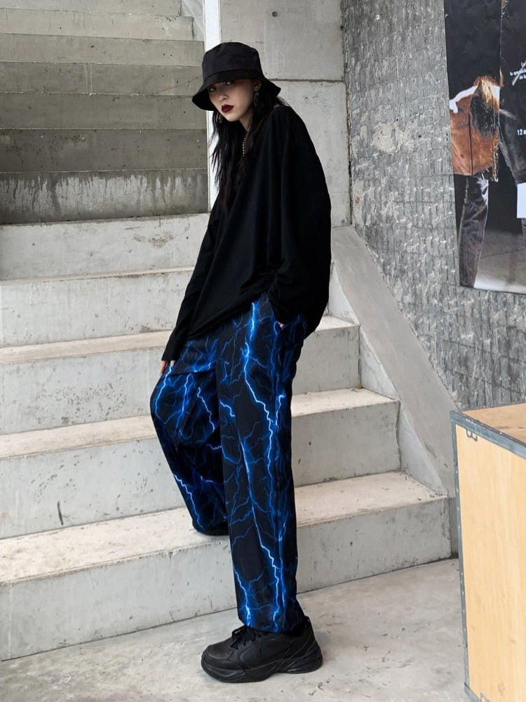 Drespot  Y2k Lightening Wide Leg Pants Women Oversize Harajuku Hippie Streetwear Korean Fashion Trouser For Female Aesthetic