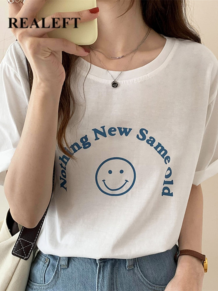 Drespot Summer  New Cotton Letter Printed Women's T-shirts Chic Short Sleeve O-Neck Casual Female Basic White Tops