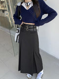 Drespotshop Vintage Belt Long Skirt Women Autumn 90s Aesthetic Streetwear Y2k High Waist Slim A-line Pleated Skirt Korean Style