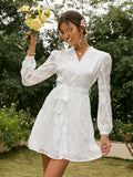 Drespot Elegant White A-Line Sashes Women's Dresses Spring Summer  Mesh Ladies Shirt Dress Mini  Puff Long Sleeve Mujer Vestidos