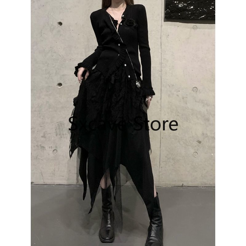 Drespot French Vintage Y2k Midi Skirts Women Casual Lace Design Knitted Suits Office Lady 2 Piece Dress Set Fall Outfits 2023