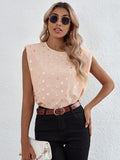 Drespot Pink Chic Back Neck Button Blouses  Summer New Women Fashion O-neck Slim Printed Gold Polka Dot Sleeveless Chiffon Top