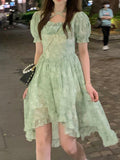 France Green Fairy Dress Women Summer Elegant Sexy Party Mini Dresses Casual High Waist Puff Sleeve Korean Irregular Dress