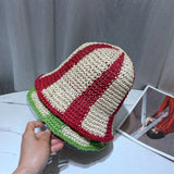 Striped Beach Straw Hat Ladies Hand Crochet Summer Bucket Hat Outdoor Foldable UPF 50+ Panama Sun Cap Vacation Fishing Hat