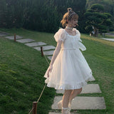 Drespot Kawaii Women Dress White Chiffon Sweet Mini Dress  Summer Princess Fairy Bow Ruffles Patchwork Square Collar Elegant