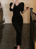 Drespot Fashion Vintage Bodycon Women Black Dress Long Sleeve Velvet Slim Elegant Evening Party Vestidos Female Chic Hoco Dresses 2023