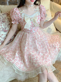 Summer Pink Floral Kawaii Dress Women  Print France Vintage Elegant Party Mini Dress Puff Sleeve Sweet Princess Fairy Dress