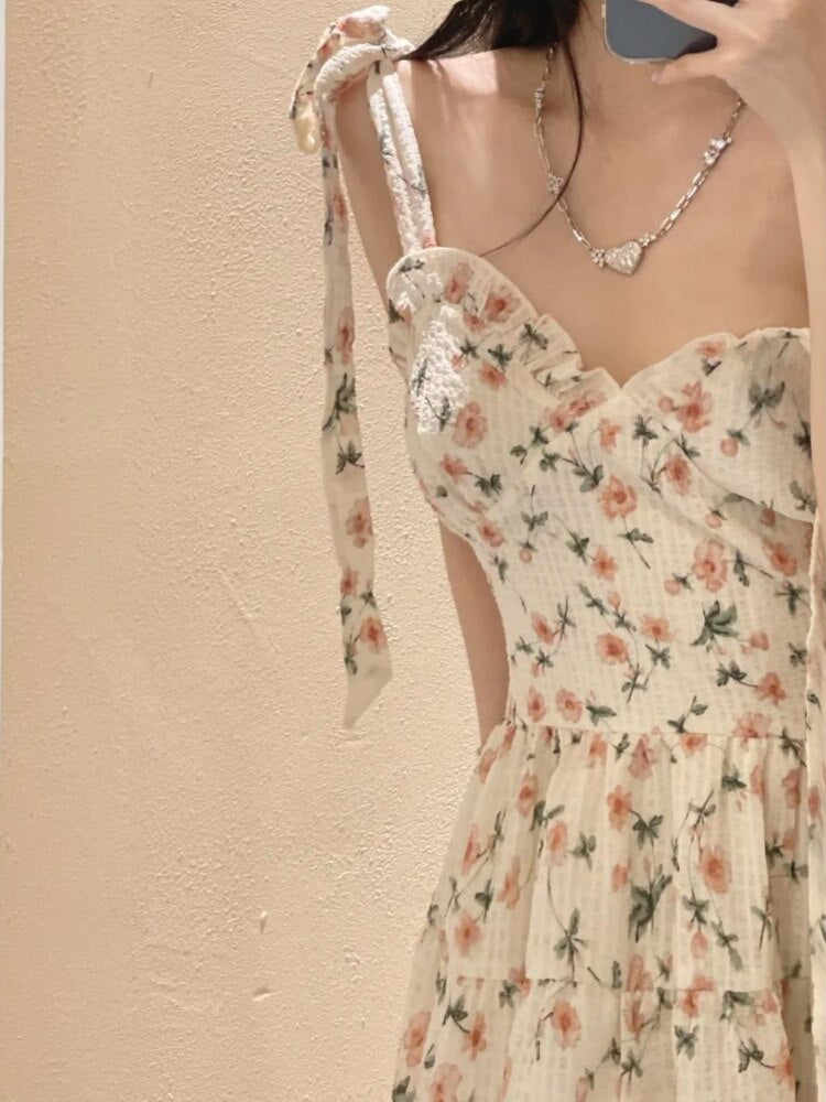 Kawaii Floral Dress Summer Women Slip Dresses Sweet Cute Ruffle Elegant Spaghetti Strap Y2k Sundress Female Fashion Robe