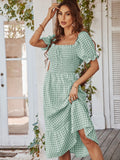 New Summer Fashion Plaid French Square Neck Short Sleeve Waist Lace Up Causal All Match Chic Dress