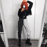 Drespot Two-Tone Check Pants Women Elastic Waist White And Black Checkerboard Relaxed Trouser Ladies Aesthetic Outfit