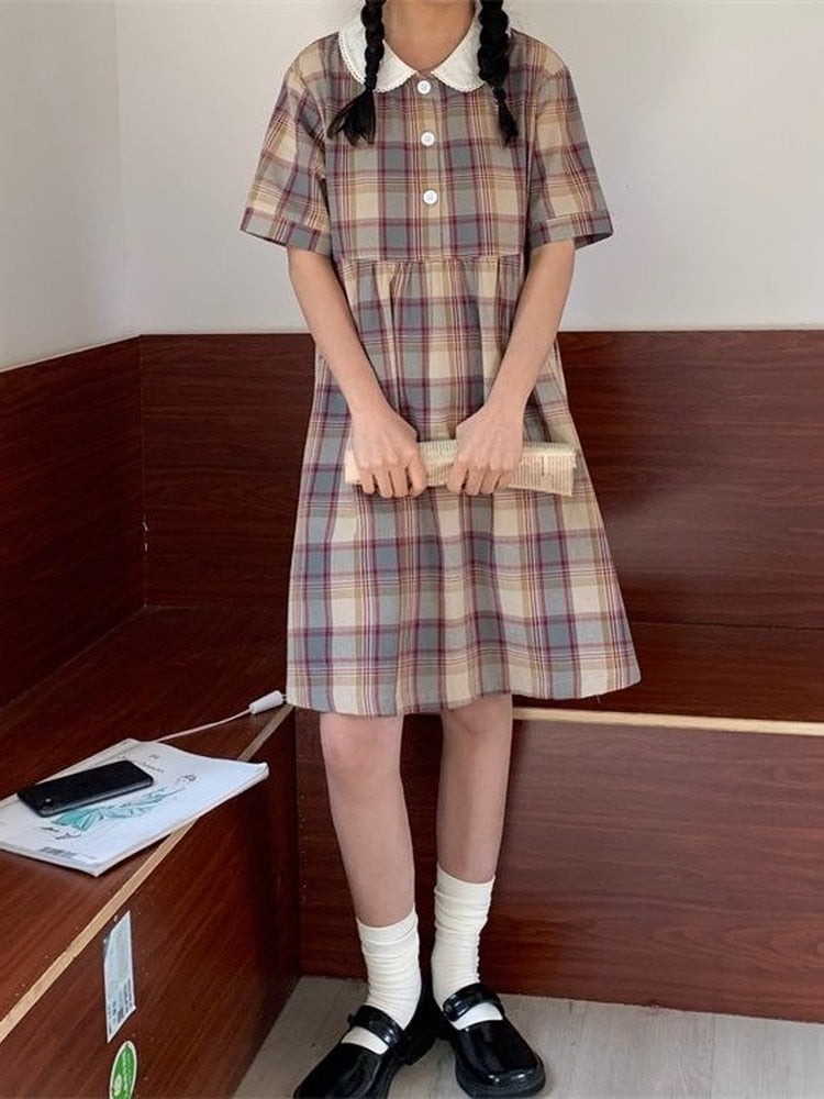 Drespot Vintage Kawaii Plaid Mini Dress Women  Summer Japanese Sweet Lolita School Cute Dresses Peter Pan Collar  Summer