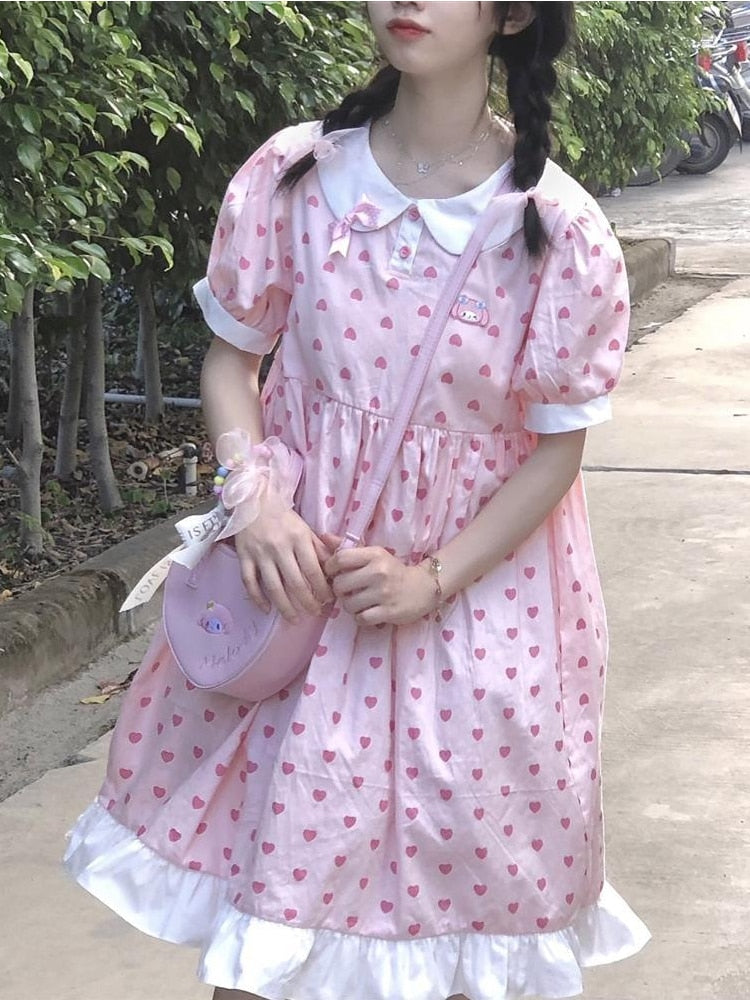 Drespot Pink Kawaii Dress Women Lolita Dresses  Summer Preppy Style Peter Pan Collar Puff Sleeve Sweet Cute Sundress Ruffles