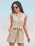 Drespot Women Cotton Casual Jumpsuit Beige Summer Womens Single-breasted Lace-up Tank Top And Wide Leg Pants Jumpsuit Loose Playsuits