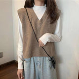 Korean Style Solid Sleeveless Sweater Vest Women Preppy Fashion Oversize Knitted Jumper Female V-neck Autumn Pullover