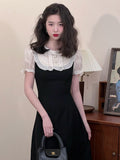 Elegant Short Sleeve Dress Women Summer  Kawaii Vintage Patchwork Black Midi Dresses Ruffles Puff Sleeve French Robe