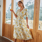 Drespot Holiday V-Neck Puff Sleeves Ruffle Print Summer Dress Women Floral High Waist Long Dresses A-Line Elastic Beach Vestido