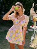 Drespot Sweet Ruffle Lace Up Croset Print Mini Dress Summer Women Y2K Short Sleeves Frills Holiday Dresses A-Line Floral Vestido
