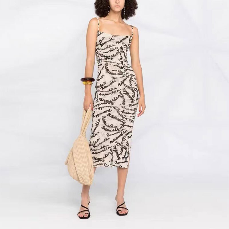 High Quality  Elegant Beige Spaghetti Strap Bodycon Midi Dress Women Summer Clothes Beach Wear Club Party Slip Dresses A1347
