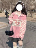 Drespot Korean Fashion Plaid Hoodies Women Harajuku Kawaii Zip Up Oversized Sweatshirts Pink Checkerboard Casual Tops Vintage