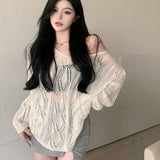 Drespot Y2K Knitted Sweater Women Punk Sexy Hollow Out Jumper Summer Long Sleeve Loose V-Neck Pullover Tops Vintage Streetwear