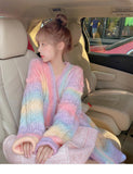 Drespot Y2K Kawaii Rainbow Knitted Cardigan Women Japanese Harajuku Tie Dye Sweater Loose Casual V-Neck Tops Sweet Preppy Style