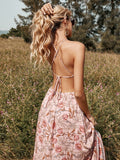 Drespot Bohemian Printing Long Dress Summer Women Waist Sleeveless Backless Sexy Mid-length Pink Dress Floral Off Shoulder Dress Viscose