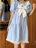 Women Lolita Dress Kawaii Bow Lace Patchwork Short Sleeve Dresses Summer Blue Preppy Style Sweet Cute Peter Pan Collar