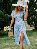 Drespot V-Neck Puff Sleeves Slash Neck Print Summer Dress Women Blue Elastic Buttons Corset Floral Dresses Holiday Split Vestido