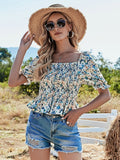 Drespot Women Printing Chiffon Blouses Summer Floral Short Sleeve Elasticity Womens Short Tops Square Collar Casual Thin Slim Blouses