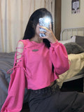 Drespot Y2K Korean Style Oversized Hoodies Women Harajuku Sexy Hollow Out Sweatshirts Casual Loose Pink Crop Tops Hip Hop Goth