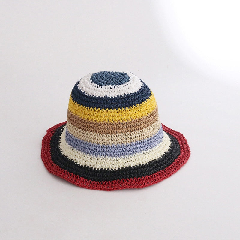 Summer Straw Crochet Bucket Hat Women's Foldable Panama Cap UV Sun Cap Boho Colorful Stripes Fishing Hat Vacation Beach Hat