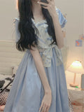 Kawaii Lolita Dress Women Blue Preppy Style Short Sleeve Bow Ruffles Patchwork Summer Dress Japanese Sweet Sundress