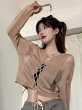 Y2K Gothic Streetwear Cropped Sweater Women Grunge Punk Knitted Jumper Summer Thin Hollow Out Hole Broken Pullover Tops