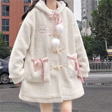 Winter Kawaii Wool Coat Women Loose Japanese Sweet Lolita Outwear Jacket Female Korean Style Pockets Warm Hoodies Overcoat