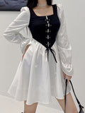 Kawaii Patchwork Mini Corset Dress Summer Lace Up A Line Ruffle Long Sleeve Korean Style Dresses Short Party Outfit 90s Iamhotty