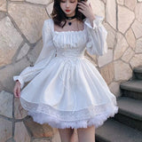 Drespot White Lolita Dress Kawaii Vinatge Long Sleeve Mini Dresses Black Gothic Bandage Lace Patchwork Streetwear Square Collar