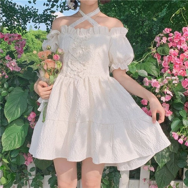 Drespot Sweet Kawaii Cute Lolita Dress Women Princess Fairy Elegant Party Short White Dresses Puff Sleeve  Summer Robes Female