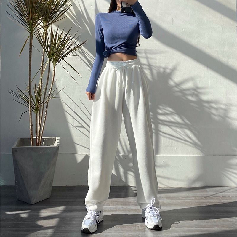 Drespot  Women Sports Pants Korean Fashion Oversize Gray Jogging Sweatpants Baggy  High Waist Joggers White Trousers Female