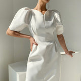 Elegant Dress for Women  Summer Puff Sleeve V-Neck Evening Party Ladies Vintage Slim Waist Split Fashion Midi White Dresses