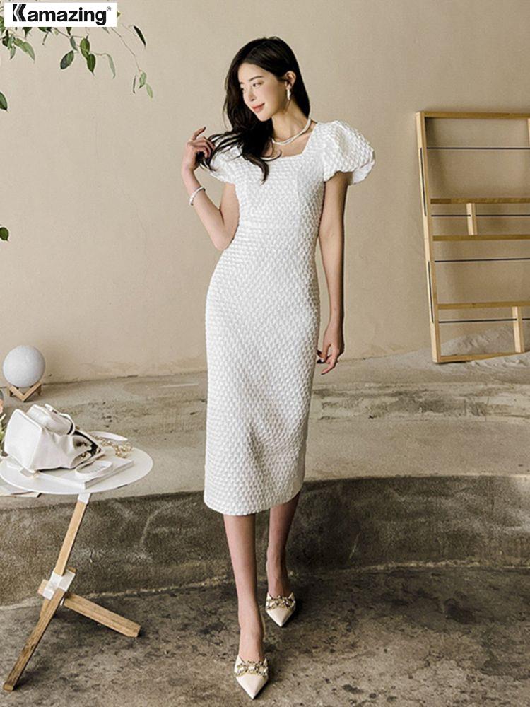 Summer Elegant Women Midi White Dress Office Lady Fashion Vestidos Female Bodycon Clothes Femme