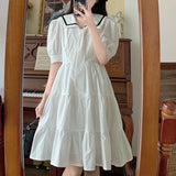 Kawaii White Dress Women Elegant Vintage Short Dresses Preppy Style Puff Sleeve Sailor Collar Patchwork Korean Fashion