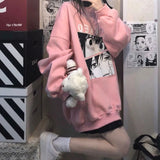 Drespot Kawaii Cartoon Anime Print Pullover Sweatshirt Women Harajuku Oversize Pink Hoodies Female Cute Loose Long Sleeve Tops